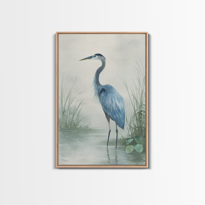 Blue Heron Standing Framed Canvas Print, Medical Office Art, Textured Painting, Office Decor, Fine Art, Calm, Minimalist Art, MOA-2x3-46
