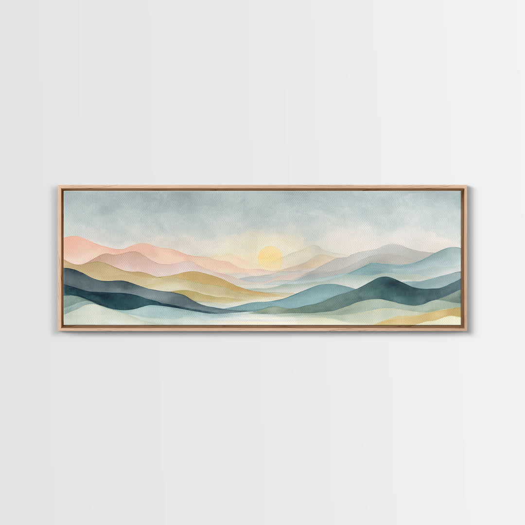 Minimal Sunrise over Rounded Hills Framed Canvas Print, Medical Office Art, Science Art, Office Decor, Fine Art, Calm, MOA-3x1-15