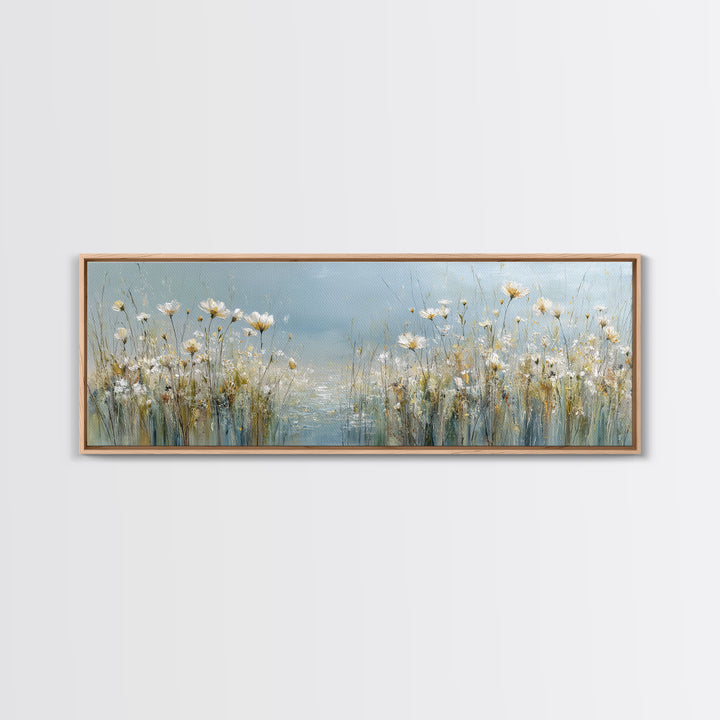 Sunlit Meadow with Wildflowers and Calm Mood Framed Canvas Print, Medical Office Art, Science Art, Office Decor, Watercolor Art, MOA-3x1-28