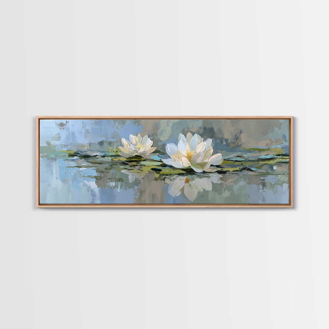 Lotus Flower Floating on Still Water Framed Canvas Print, Medical Office Art, Office Decor, Oil Painting, Calm, MOA-3x1-99