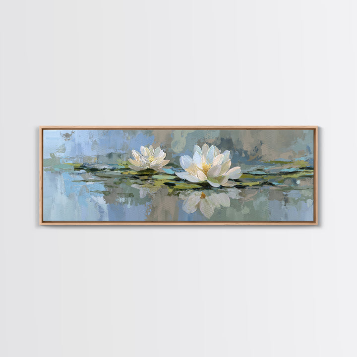Lotus Flower Floating on Still Water Framed Canvas Print, Medical Office Art, Office Decor, Oil Painting, Calm, MOA-3x1-99