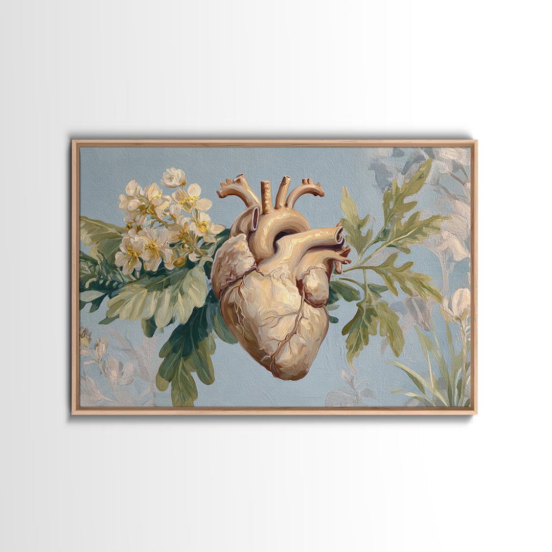 Anatomical Heart Rendered as Tasteful Botanical Art Framed Canvas Print, Medical Office Art, Anatomy Art, Office Decor, Calm, MOA-3x2-41
