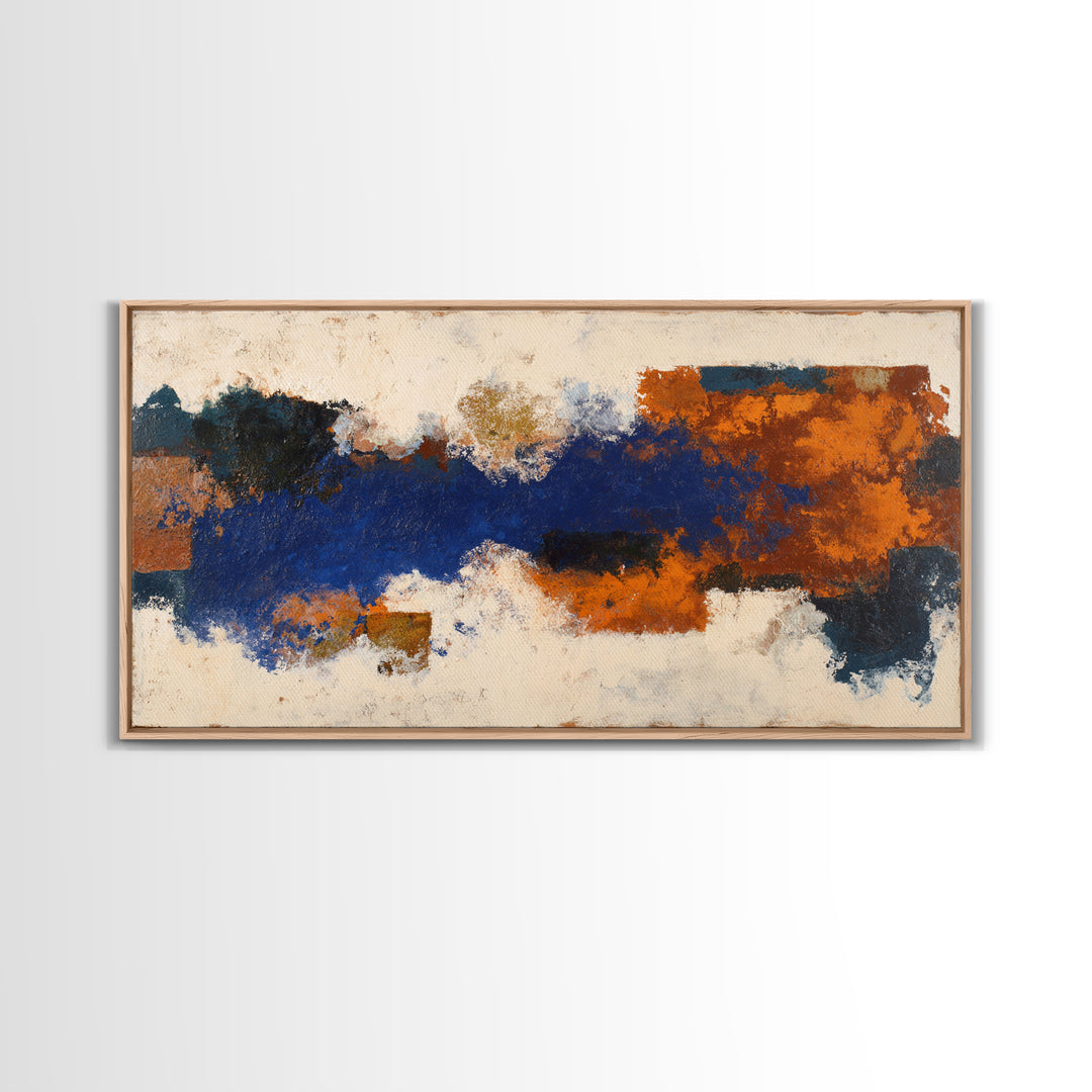 Expressive Brushwork in Cobalt and Rust Framed Canvas Print, Modern Art, Minimalist Decor, Living Room Decor, Fine Art, Modern, MOD-2x1-50