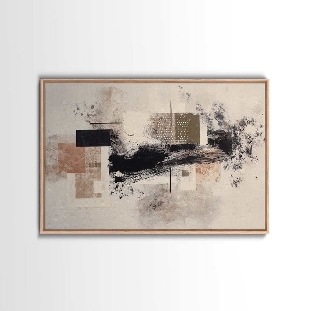 Dynamic Black Brush Marks on Neutral Ground Framed Canvas Print, Modern Art, Fine Art Print, Living Room Decor, Modern, MOD-3x2-87