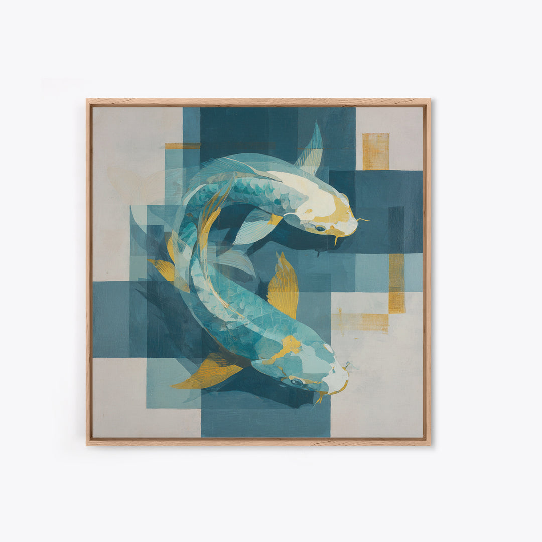 Teal Koi Fish on Tonal Water Framed Canvas Print, Monochrome Art, Gallery Decor, Living Room Decor, Fine Art, Mono, MON-1x1-41