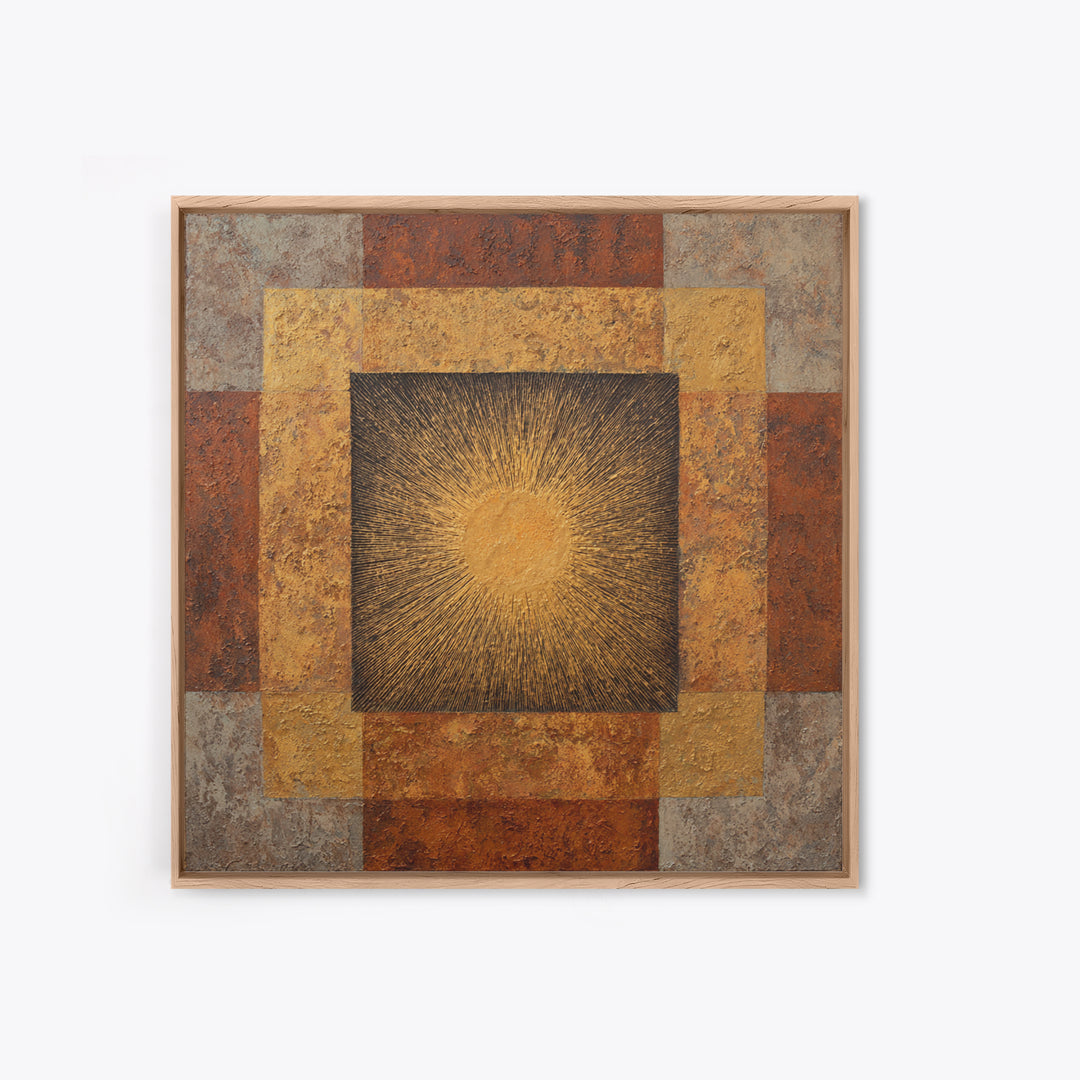 Gold Tonal Sunburst Medallion Framed Canvas Print, Monochrome Art, Wallpaper Mural, Living Room Decor, Fine Art, Mono, MON-1x1-62