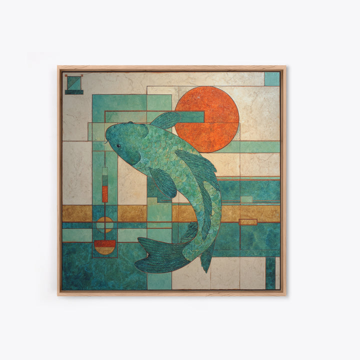 Teal Koi Fish on Tonal Water Framed Canvas Print, Monochrome Art, Gallery Decor, Living Room Decor, Fine Art, Mono, MON-1x1-65