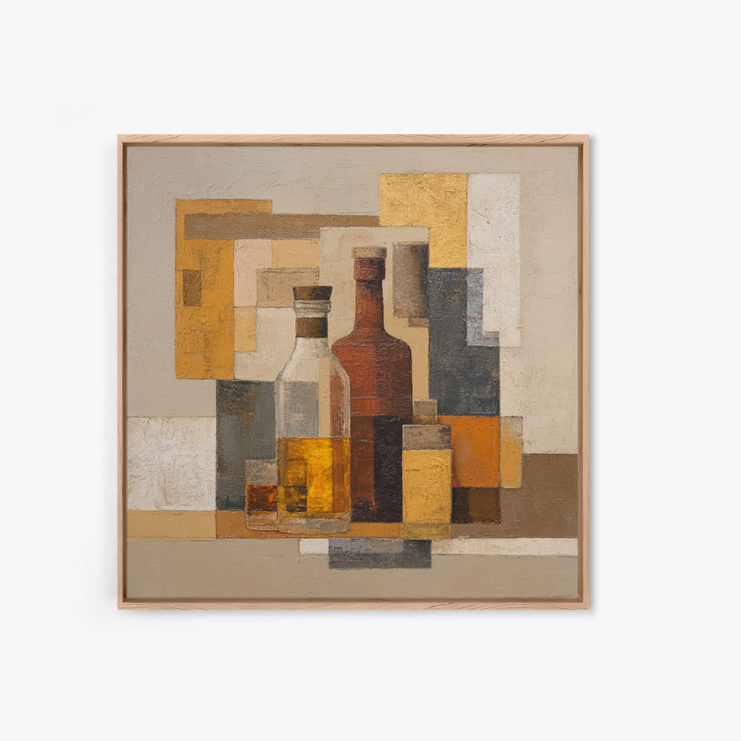 Brown Leather and Whiskey Still Life Framed Canvas Print, Monochrome Art, Abstract Painting, Living Room Decor, Fine Art, Mono, MON-1x1-71