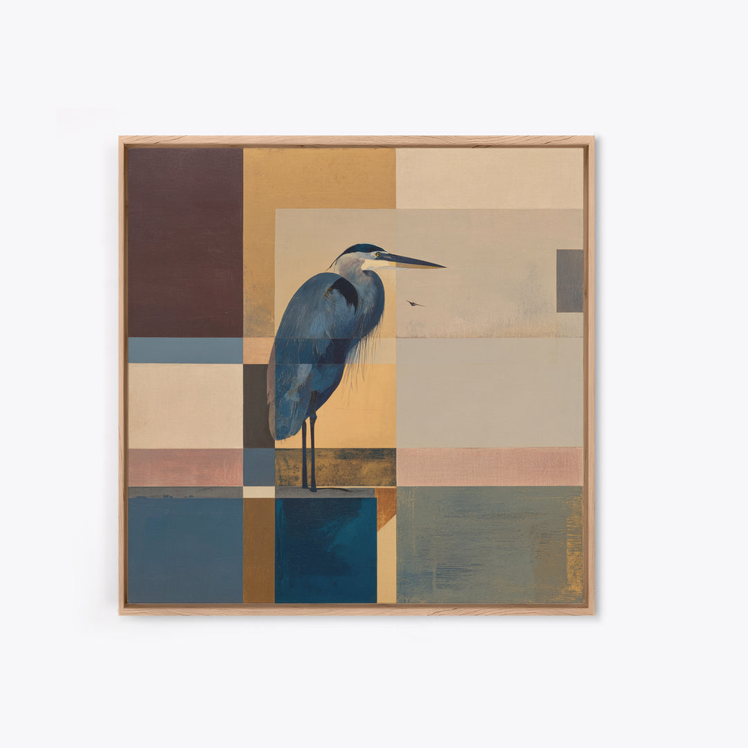Blue Heron in Monochrome Navy Palette Framed Canvas Print, Monochrome Art, Mid Century Modern, Living Room Decor, Mono, MON-1x1-8