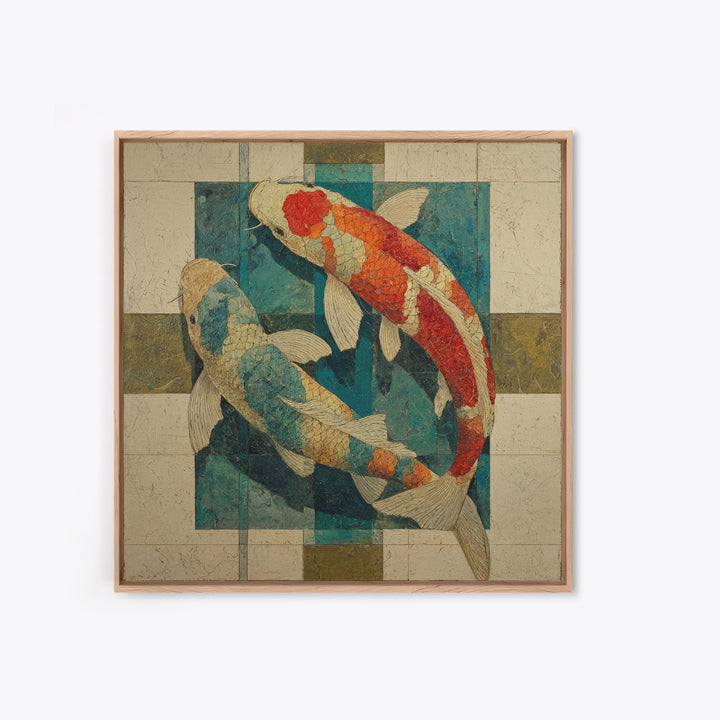 Teal Koi Fish on Tonal Water Canvas Print, Monochrome Art, Boho Decor, Living Room Decor, Fine Art, Mono, Digital Art, MON-1x1-89