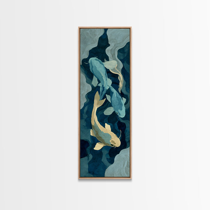 Teal Koi Fish on Tonal Water Framed Canvas Print, Monochrome Art, Neutral Decor, Living Room Decor, Fine Art, Mono, Home Decor, MON-1x3-29