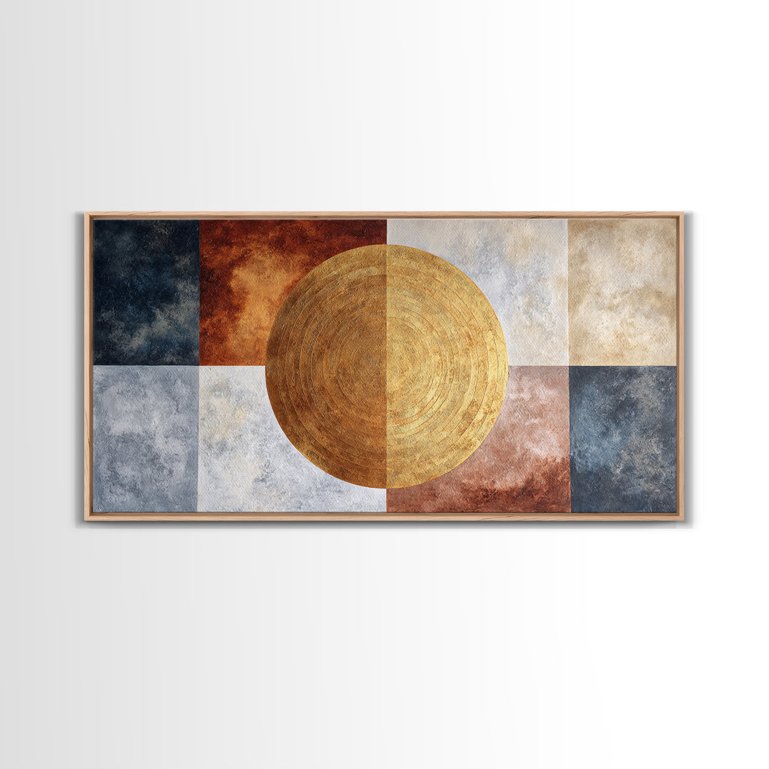 Gold Tonal Sunburst Medallion Framed Canvas Print, Monochrome Art, Luxury Decor, Living Room Decor, Fine Art, Mono, MON-2x1-10