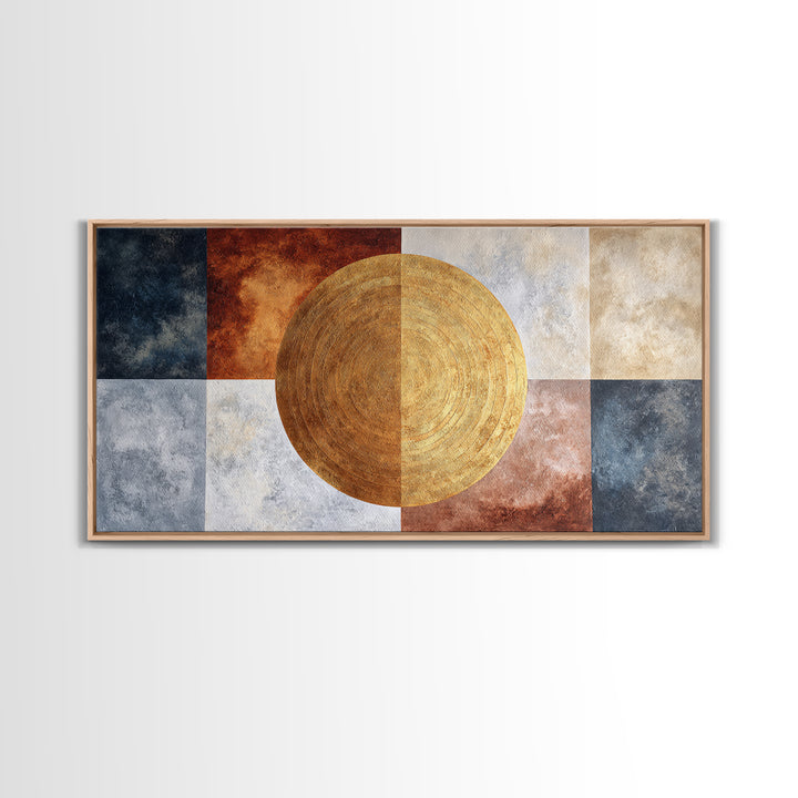 Gold Tonal Sunburst Medallion Framed Canvas Print, Monochrome Art, Luxury Decor, Living Room Decor, Fine Art, Mono, MON-2x1-10