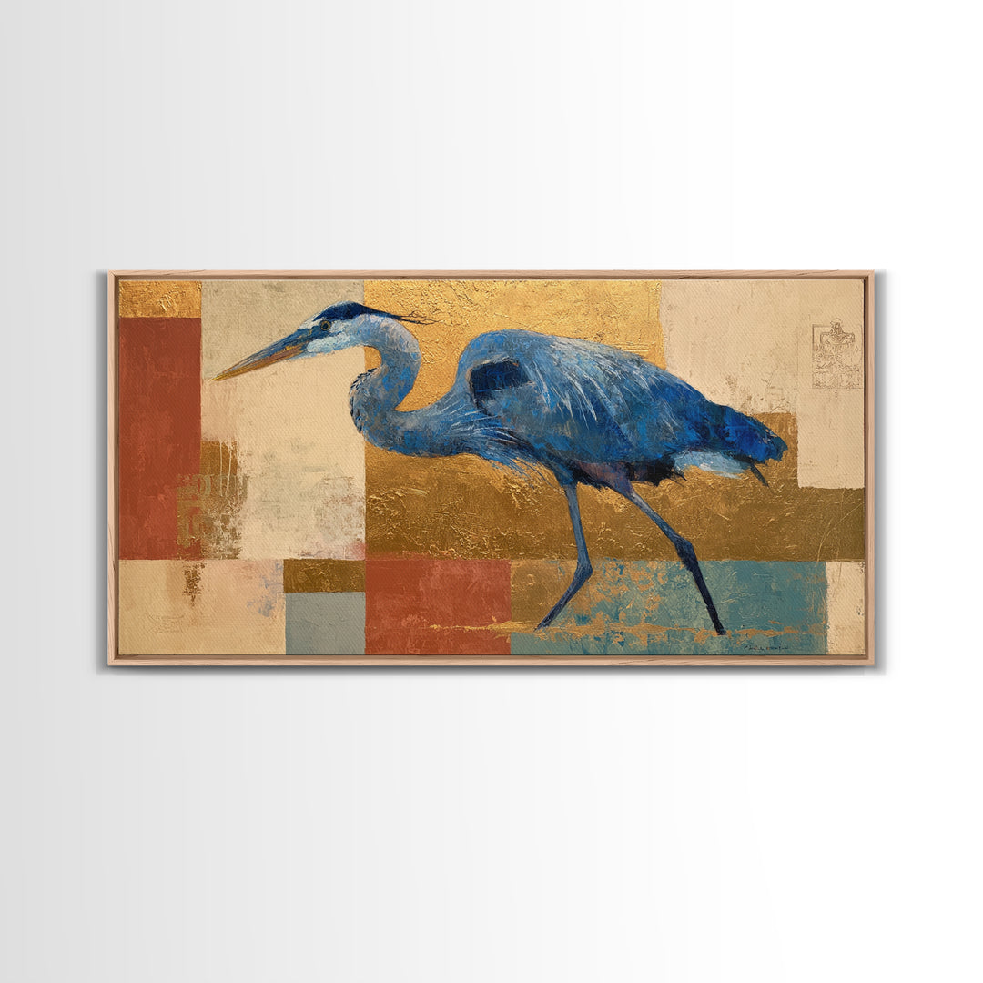 Blue Heron in Monochrome Navy Palette Framed Canvas Print, Monochrome Art, Dopamine Decor, Living Room Decor, Fine Art, Mono, MON-2x1-100