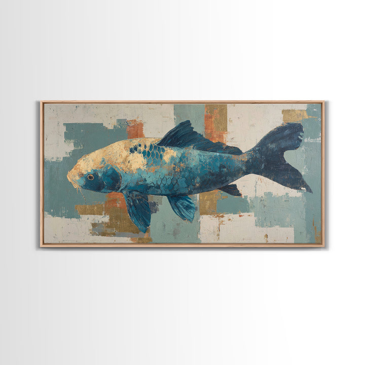 Teal Koi Fish on Tonal Water Framed Canvas Print, Monochrome Art, Minimalist Decor, Living Room Decor, Fine Art, Mono, MON-2x1-37