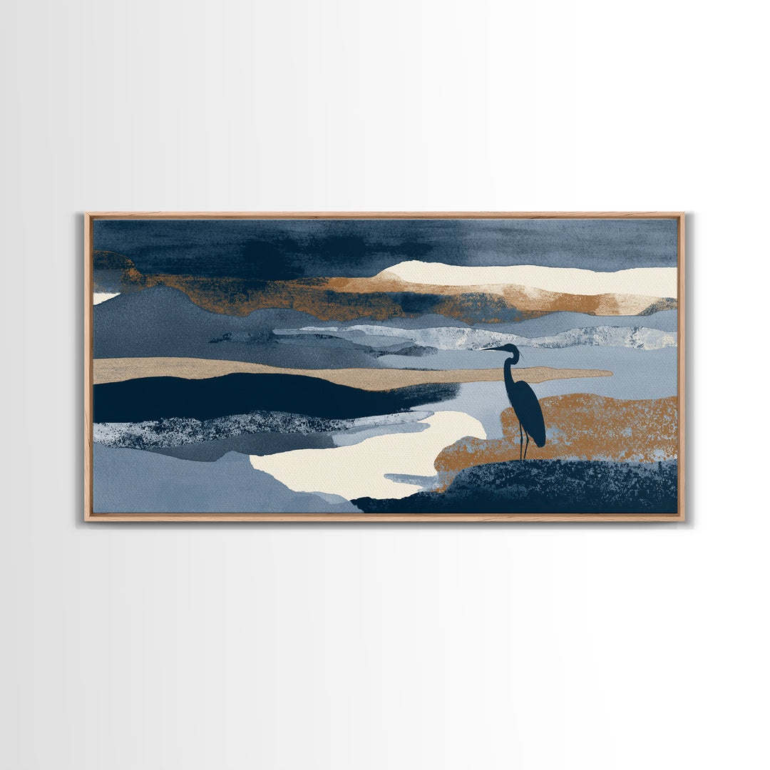 Blue Heron in Monochrome Navy Palette Canvas Print, Monochrome Art, Boho Decor, Living Room Decor, Fine Art, Mono, Art Print, MON-2x1-4