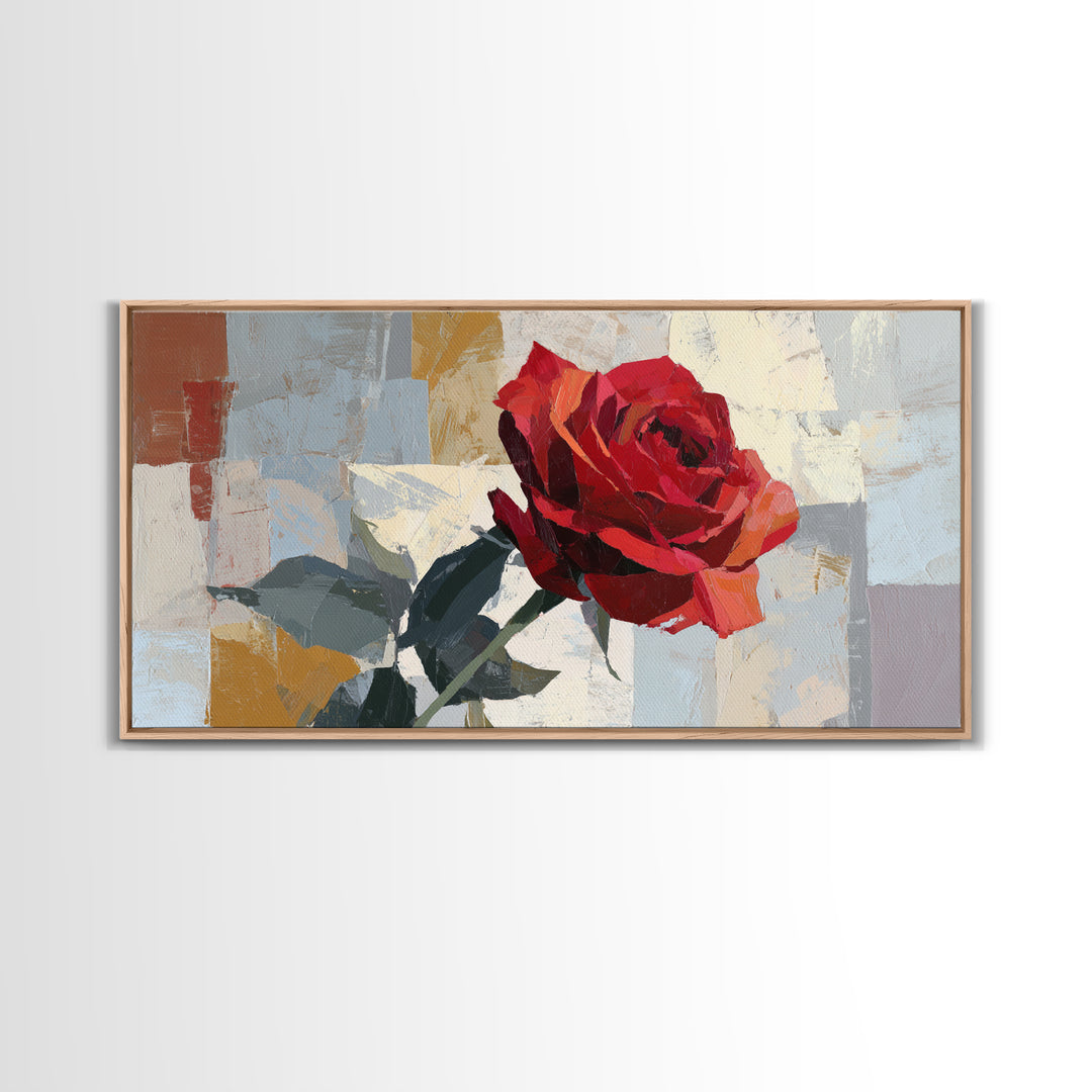 Single Red Rose Rendered Only Framed Canvas Print, Monochrome Art, Abstract Art, Living Room Decor, Watercolor Art, Mono, MON-2x1-51