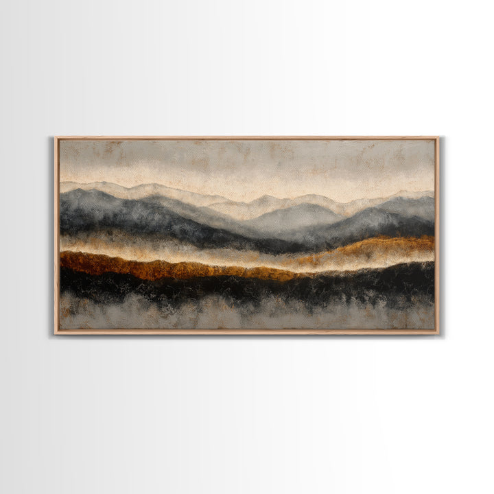 Charcoal Mountain Landscape Framed Canvas Print, Monochrome Art, Original Painting, Living Room Decor, Fine Art, Mono, MON-2x1-72