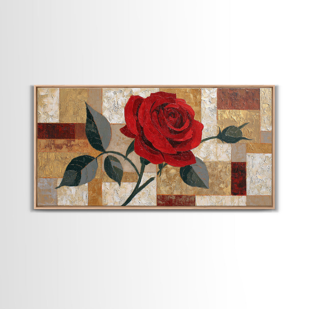 Single Red Rose Rendered Only Framed Canvas Print, Monochrome Art, Statement Artwork, Living Room Decor, Fine Art, Mono, MON-2x1-75