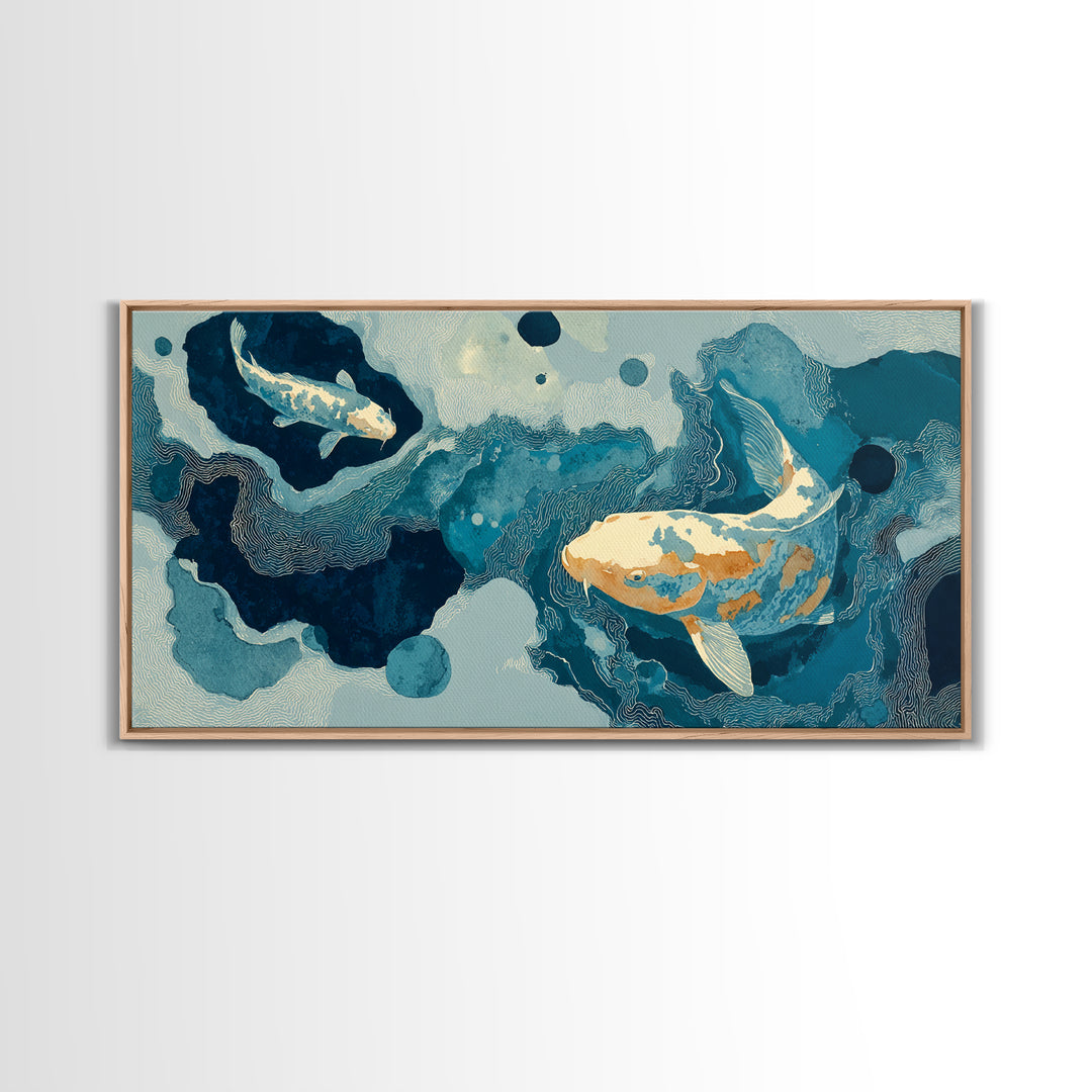 Teal Koi Fish on Tonal Water Framed Canvas Print, Monochrome Art, Digital Wall Art, Living Room Decor, Fine Art, Mono, MON-2x1-85
