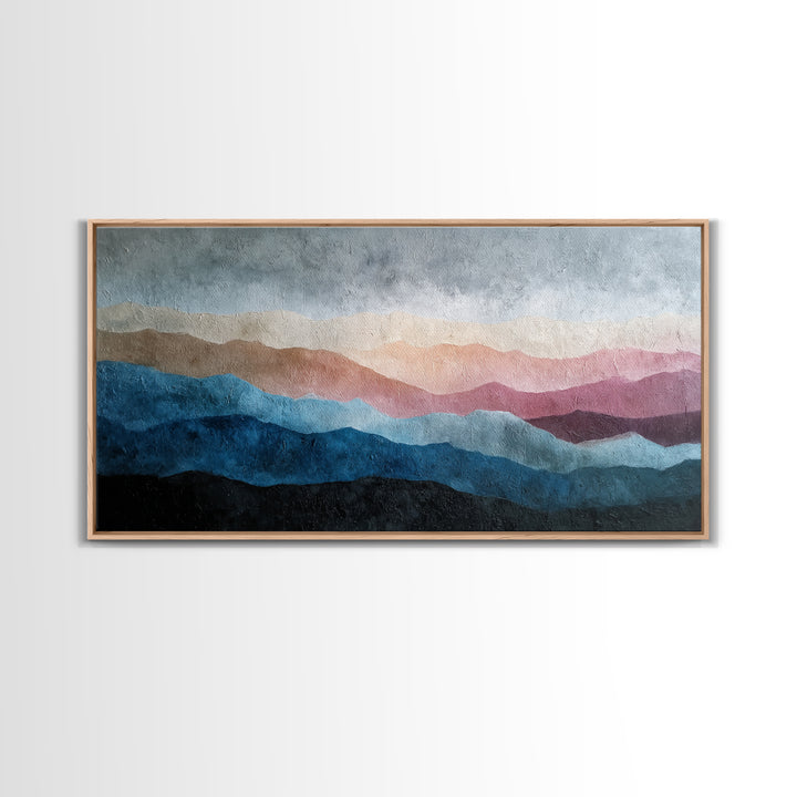 Blue Mountain Ridge Layers Framed Canvas Print, Monochrome Art, Bedroom Decor, Living Room Decor, Mono, Abstract Painting, MON-2x1-92