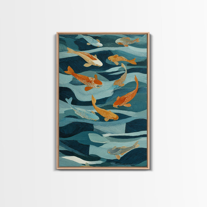 Teal Koi Fish on Tonal Water Framed Canvas Print, Monochrome Art, Wall Art, Living Room Decor, Fine Art, Mono, Abstract Art, MON-2x3-1