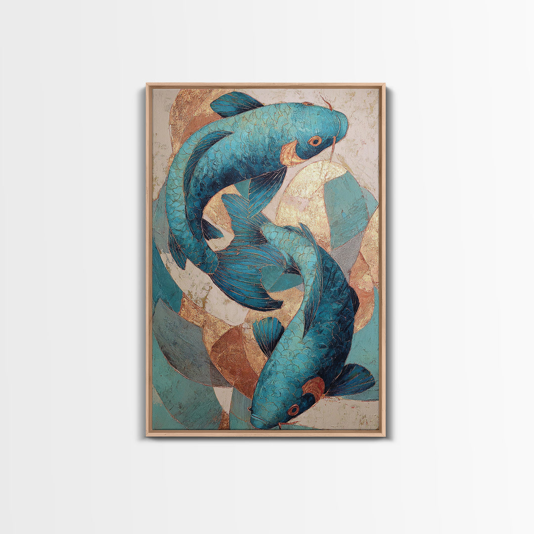 Teal Koi Fish on Tonal Water Framed Canvas Print, Monochrome Art, Wall Art, Living Room Decor, Fine Art, Mono, Abstract Art, MON-2x3-25