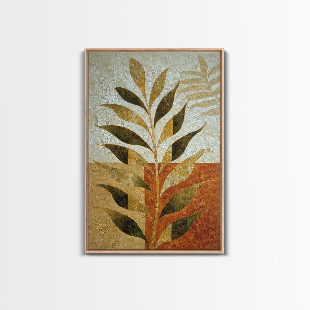 Olive Green Abstract Leaf Pattern Framed Canvas Print, Monochrome Art, Bedroom Decor, Living Room Decor, Oil Painting, Mono, MON-2x3-28