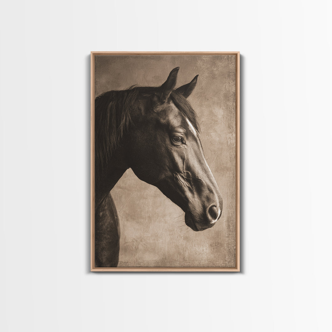 Sepia Horse Portrait Framed Canvas Print, Monochrome Art, Contemporary Art, Living Room Decor, Oil Painting, Mono, Original Art, MON-2x3-34
