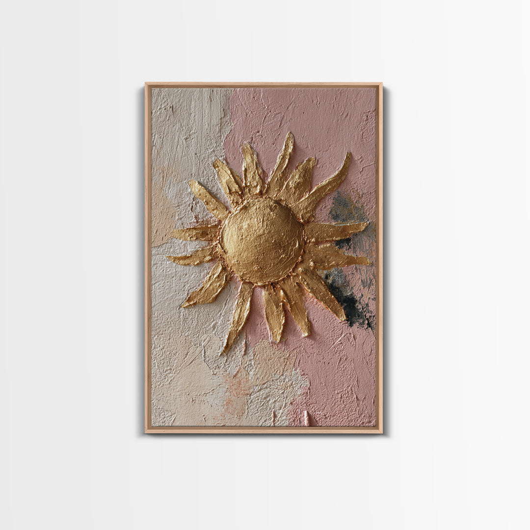 Gold Tonal Sunburst Medallion Framed Canvas Print, Monochrome Art, Textured Painting, Living Room Decor, Fine Art, Mono, MON-2x3-46