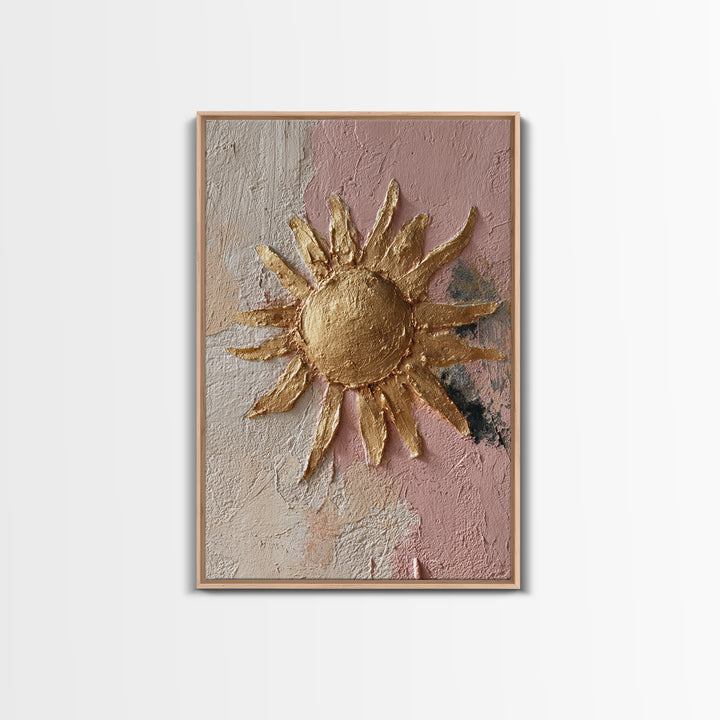 Gold Tonal Sunburst Medallion Framed Canvas Print, Monochrome Art, Textured Painting, Living Room Decor, Fine Art, Mono, MON-2x3-46