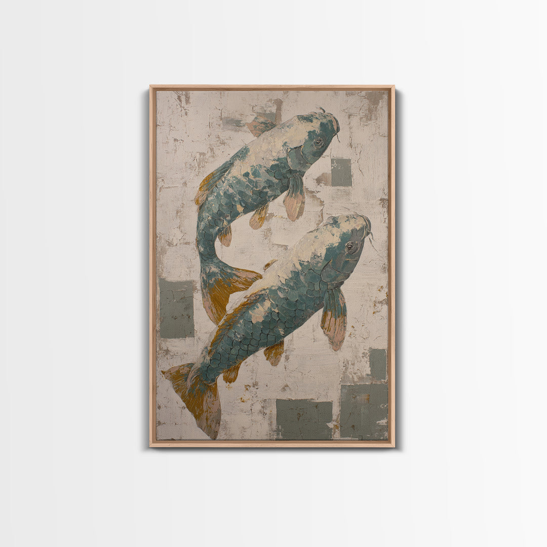 Teal Koi Fish on Tonal Water Canvas Print, Monochrome Art, Digital Art, Living Room Decor, Fine Art, Mono, Dark Academia Decor, MON-2x3-49