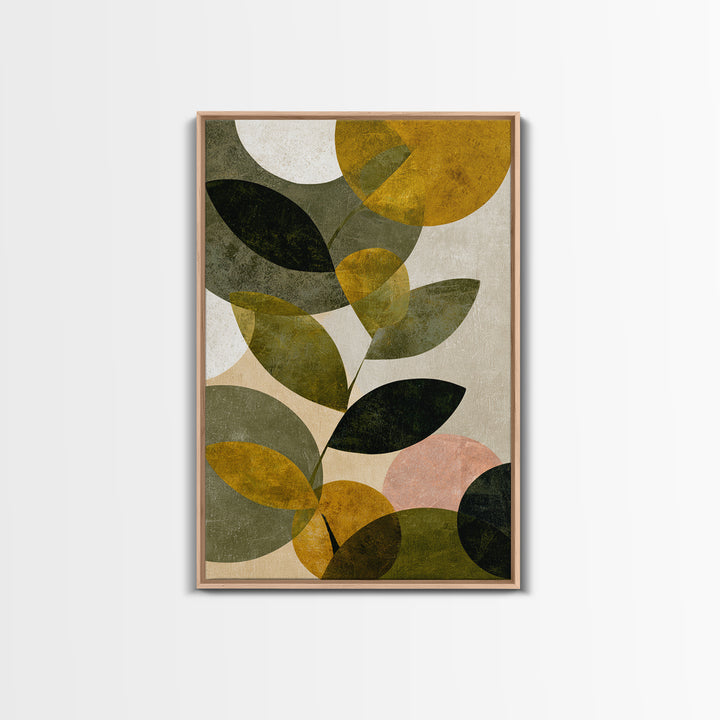 Olive Green Abstract Leaf Pattern Framed Canvas Print, Monochrome Art, Boho Decor, Living Room Decor, Fine Art, Mono, MON-2x3-52