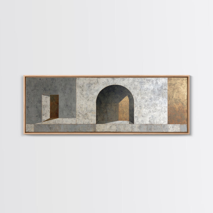 Gray Architectural Arch and Shadow Study Canvas Print, Monochrome Art, Large Wall Art, Living Room Decor, Watercolor Art, Mono, MON-3x1-50