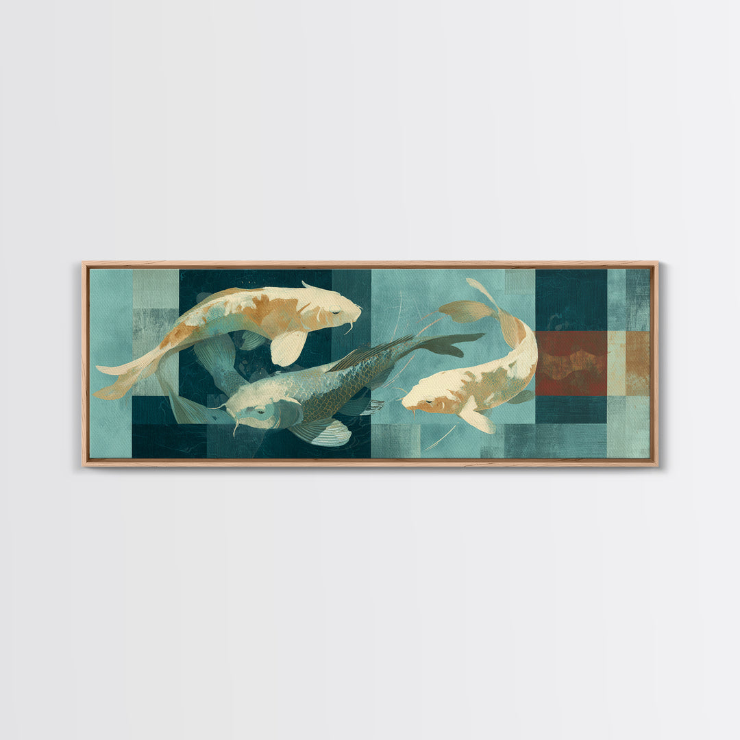 Teal Koi Fish on Tonal Water Framed Canvas Print, Monochrome Art, Dopamine Decor, Living Room Decor, Mono, Modern Decor, MON-3x1-57