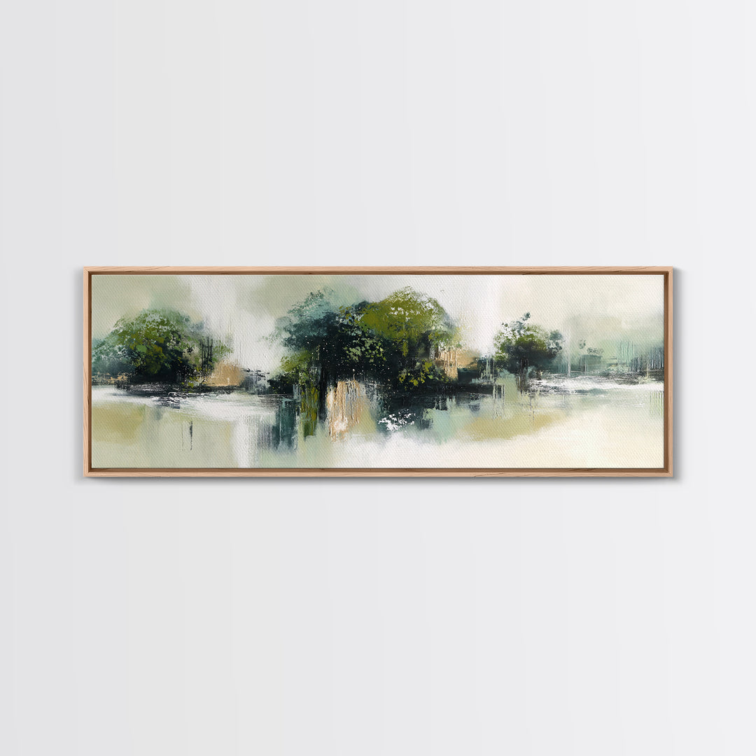 Deep Green Forest Silhouette Study Framed Canvas Print, Monochrome Art, Boho Wall Art, Living Room Decor, Oil Painting, Mono, MON-3x1-77