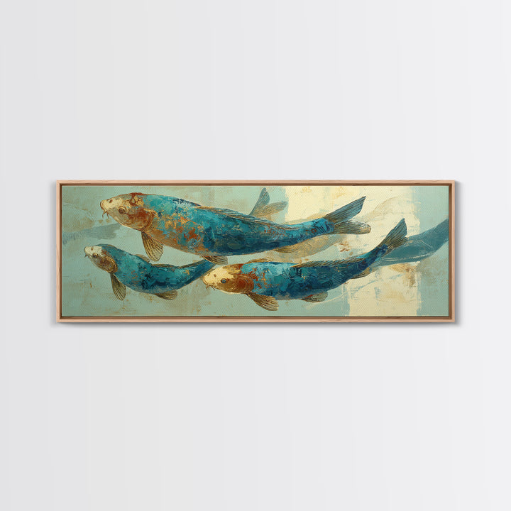 Teal Koi Fish on Tonal Water Framed Canvas Print, Monochrome Art, Dopamine Decor, Living Room Decor, Mono, Modern Decor, MON-3x1-81