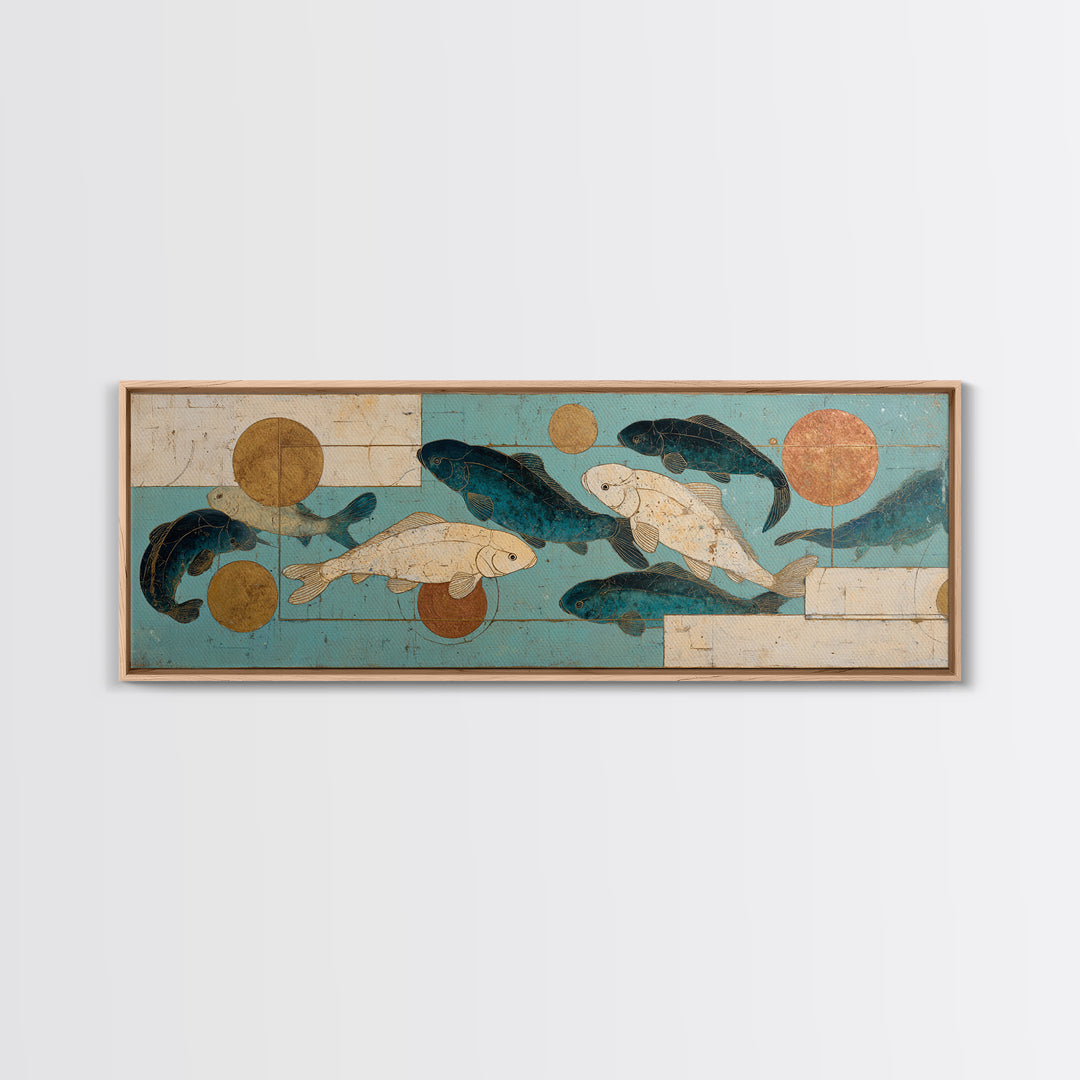 Teal Koi Fish on Tonal Water Framed Canvas Print, Monochrome Art, Digital Wall Art, Living Room Decor, Fine Art, Mono, MON-3x1-9