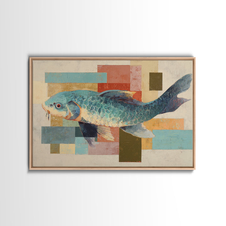 Teal Koi Fish on Tonal Water Canvas Print, Monochrome Art, Printable Art, Living Room Decor, Mono, Minimalist Wall Art, MON-3x2-21