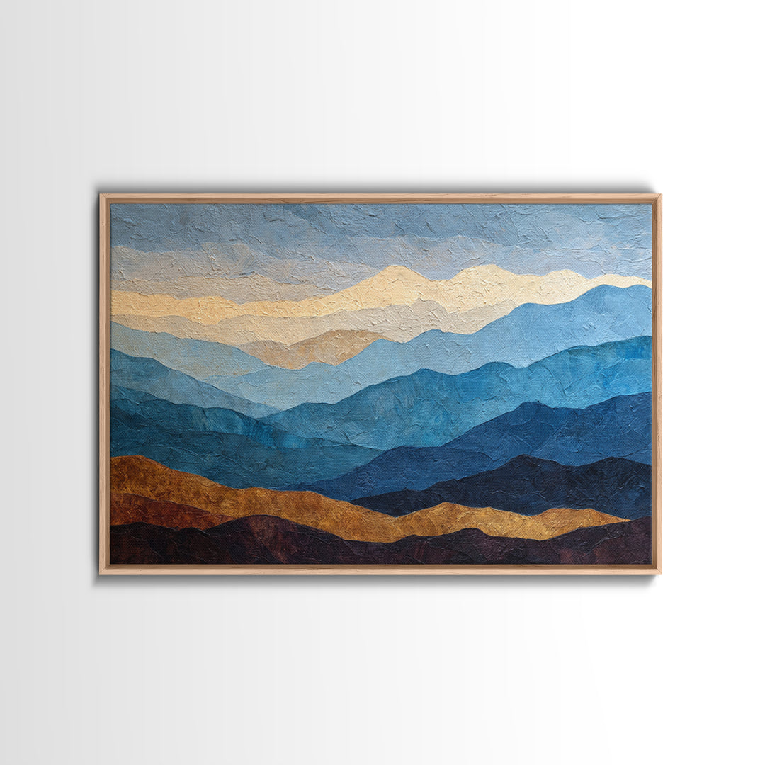 Blue Mountain Ridge Layers Framed Canvas Print, Monochrome Art, Large Wall Art, Living Room Decor, Watercolor Art, Mono, MON-3x2-28