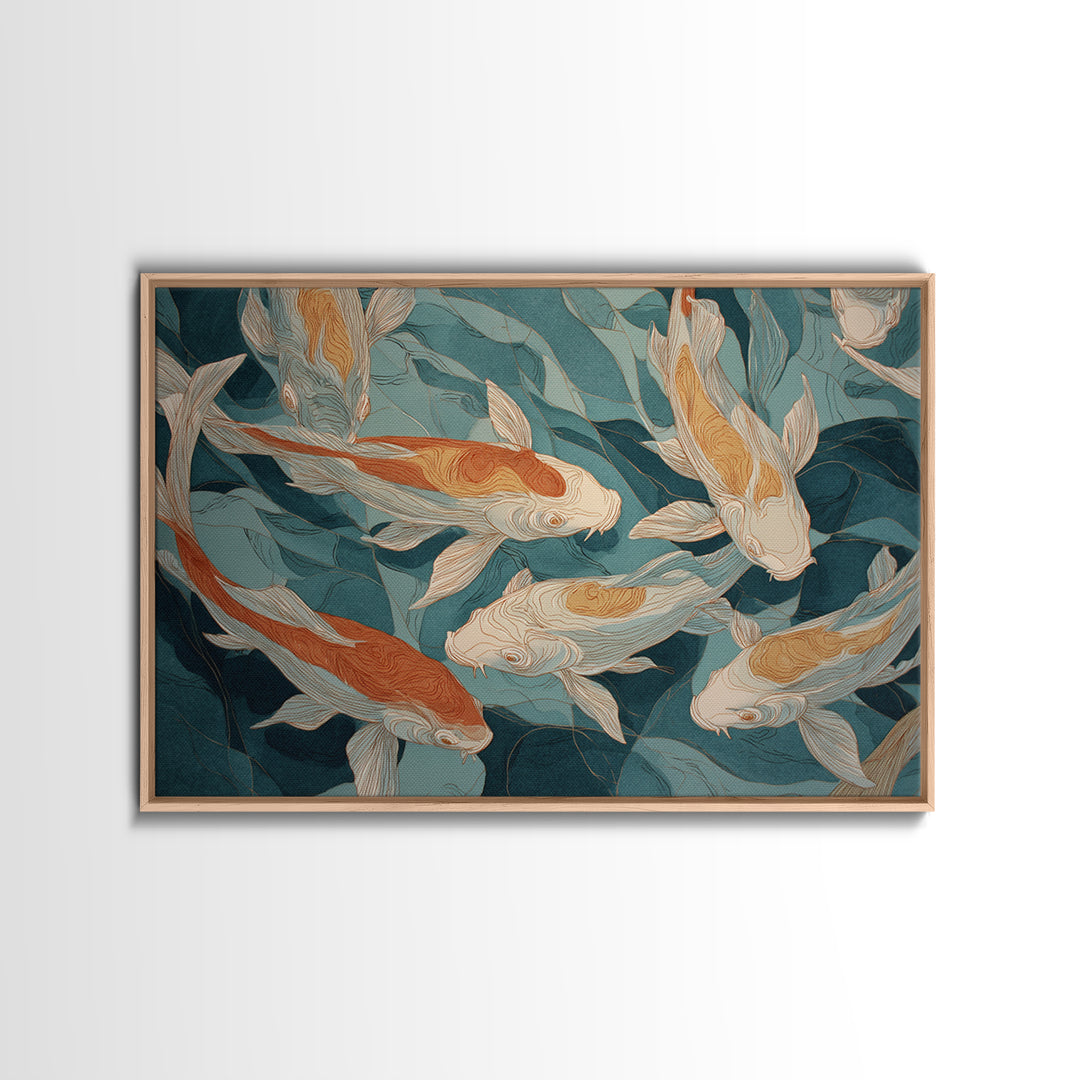 Teal Koi Fish on Tonal Water Framed Canvas Print, Monochrome Art, Modern Wall Art, Living Room Decor, Fine Art, Mono, MON-3x2-45
