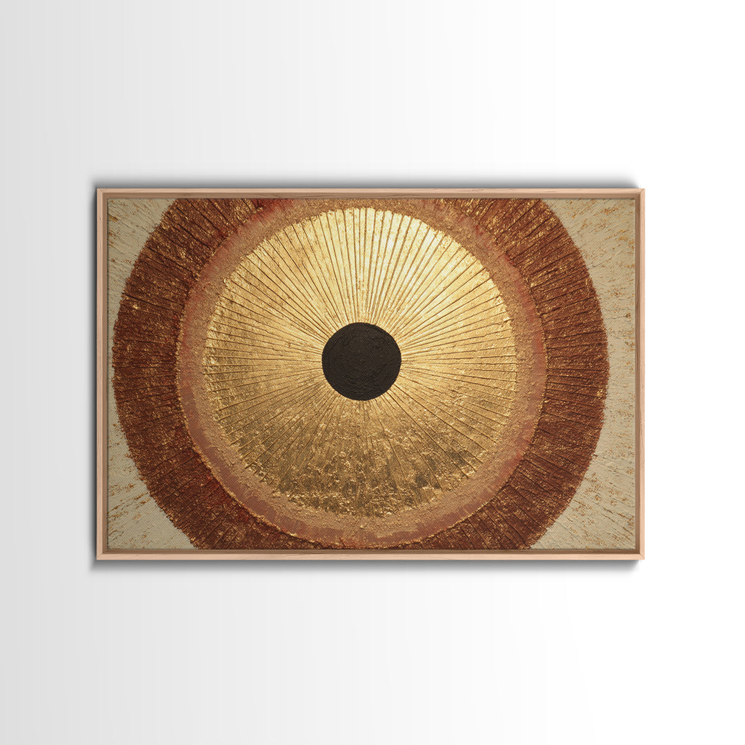 Gold Tonal Sunburst Medallion Framed Canvas Print, Monochrome Art, Dark Academia Decor, Living Room Decor, Fine Art, Mono, MON-3x2-90