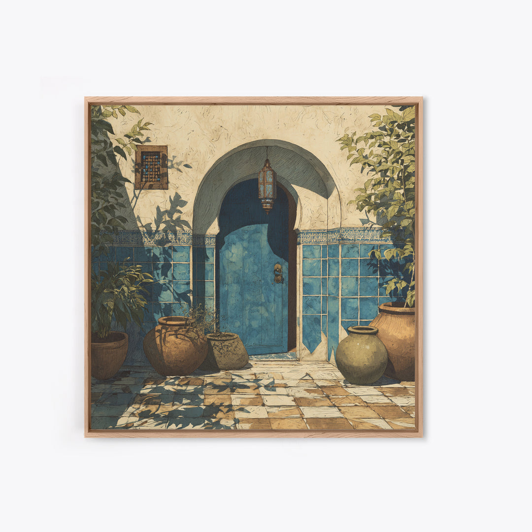Arched Doorway with Lantern Glow and Patterned Canvas Print, Moroccan Art, Neutral Decor, Living Room Decor, Marrakesh, MOR-1x1-26