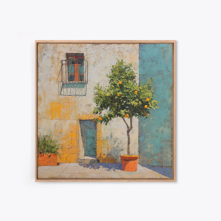 Orange Tree in Tiled Courtyard Framed Canvas Print, Moroccan Art, Contemporary Art, Living Room Decor, Oil Painting, Marrakesh, MOR-1x1-37