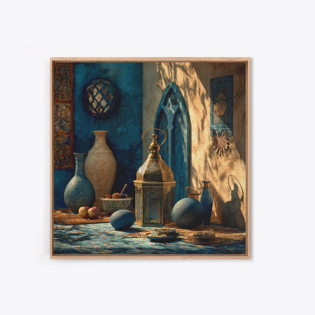 Brass Lantern Still Life Casting Lace Shadows Framed Canvas Print, Moroccan Art, Living Room Decor, Abstract Art, Marrakesh, MOR-1x1-57