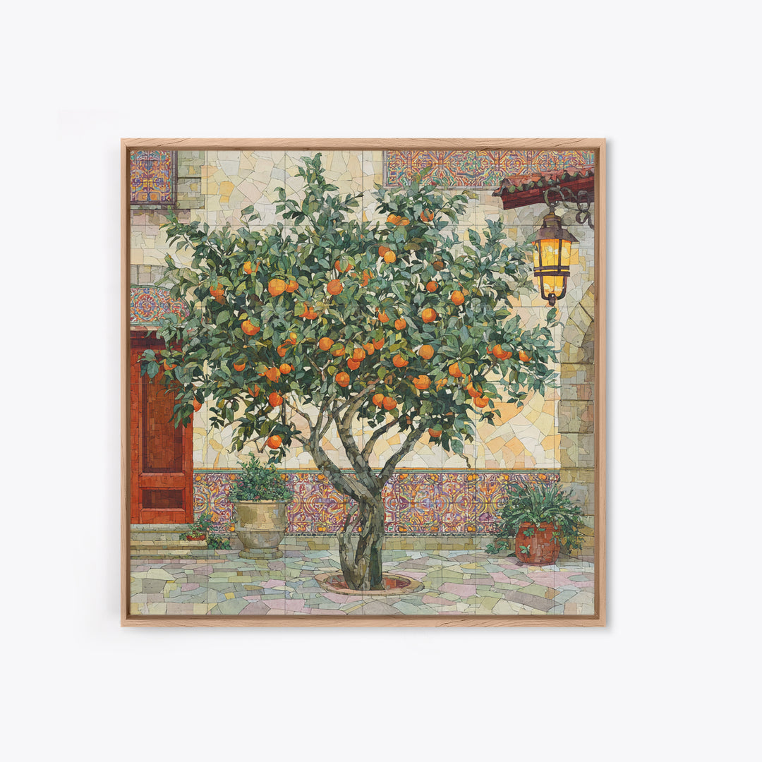 Orange Tree in Tiled Courtyard Framed Canvas Print, Moroccan Art, Contemporary Art, Living Room Decor, Oil Painting, Marrakesh, MOR-1x1-61