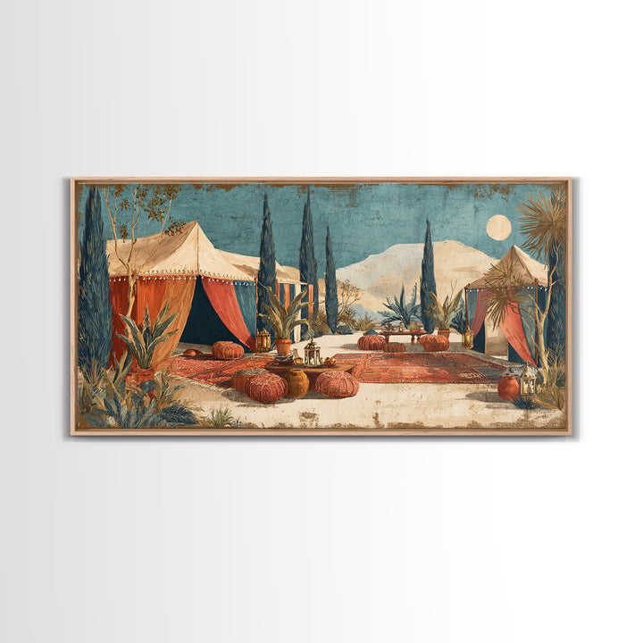 Desert Tent with Woven Rugs and Lanterns Framed Canvas Print, Moroccan Art, Art Prints, Living Room Decor, Fine Art, Marrakesh, MOR-2x1-10