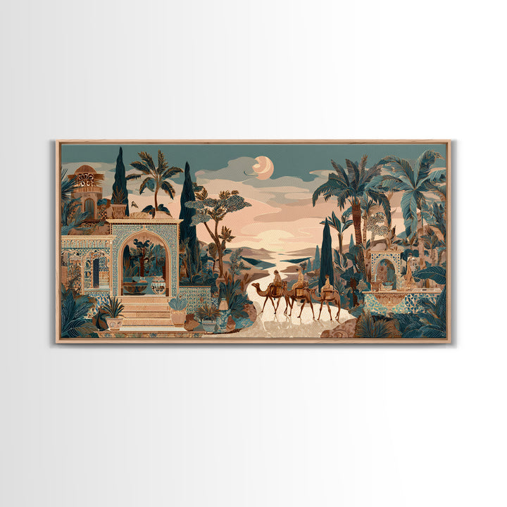 Desert Camel Caravan Framed Canvas Print, Moroccan Art, Boho Wall Art, Living Room Decor, Fine Art, Marrakesh, Map Wall Art, MOR-2x1-23