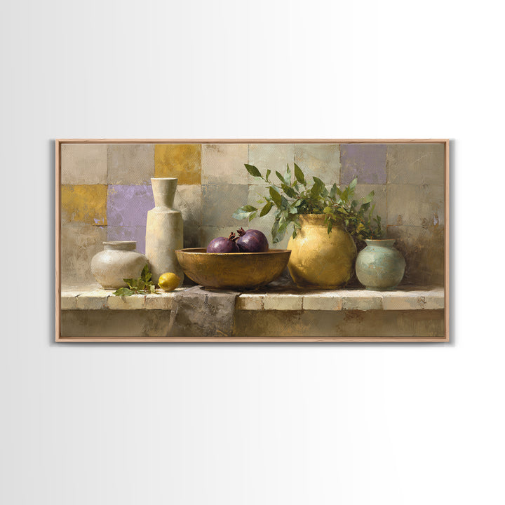 Pomegranate and Brass Bowl Still Life Framed Canvas Print, Moroccan Art, Wall Art, Living Room Decor, Fine Art, Marrakesh, MOR-2x1-42