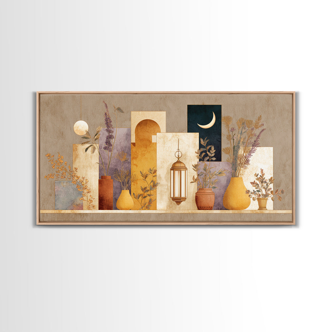 Camel Silhouette Beneath Crescent Moon Framed Canvas Print, Moroccan Art, African Art, Living Room Decor, Fine Art, Marrakesh, MOR-2x1-55